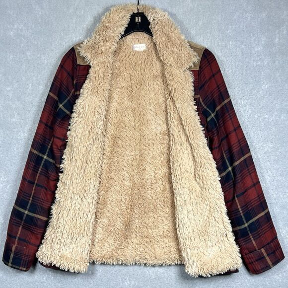 Altar’d State Jacket Women’s Medium Sherpa Lined Burgundy Plaid Coat Snap Button - Picture 4 of 12